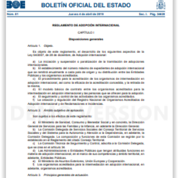 Real Decreto 165/2019, de 22 de marzo, por el que se aprueba el Reglamento de Adopción internacional